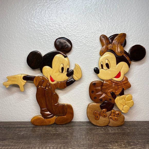 Vintage Disney Mickey N Minnie Mouse Hello Wall Hanging Wood Art Sculpture - Picture 1 of 12